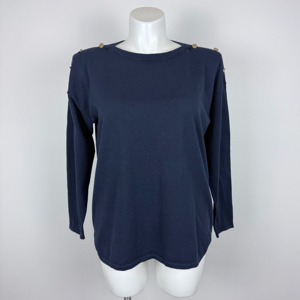 Michael Kors Navy Long-Sleeve Crewneck Top with Gold Shoulder Buttons